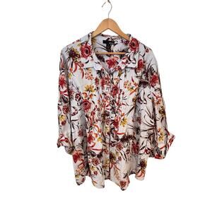 Erika Womens 3X Floral Linen Blue Button Down Shirt